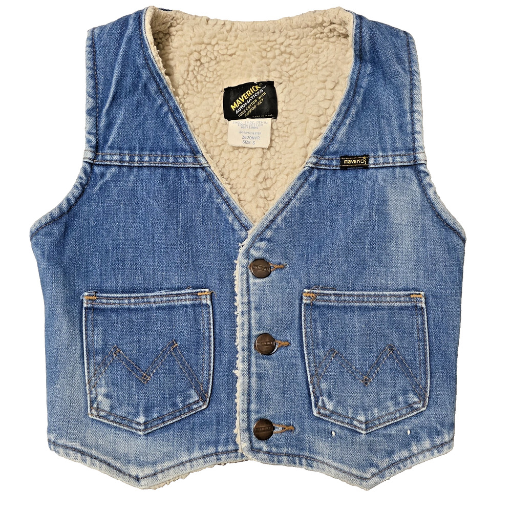 Vintage Maverick Boys Denim Sherpa Vest Size S (6-8) Made in USA Blue Bell 70s
